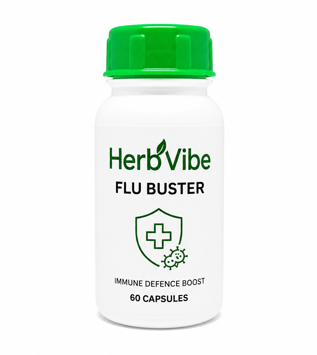 HerbVibe Flu Buster supplement bottle on a white background
