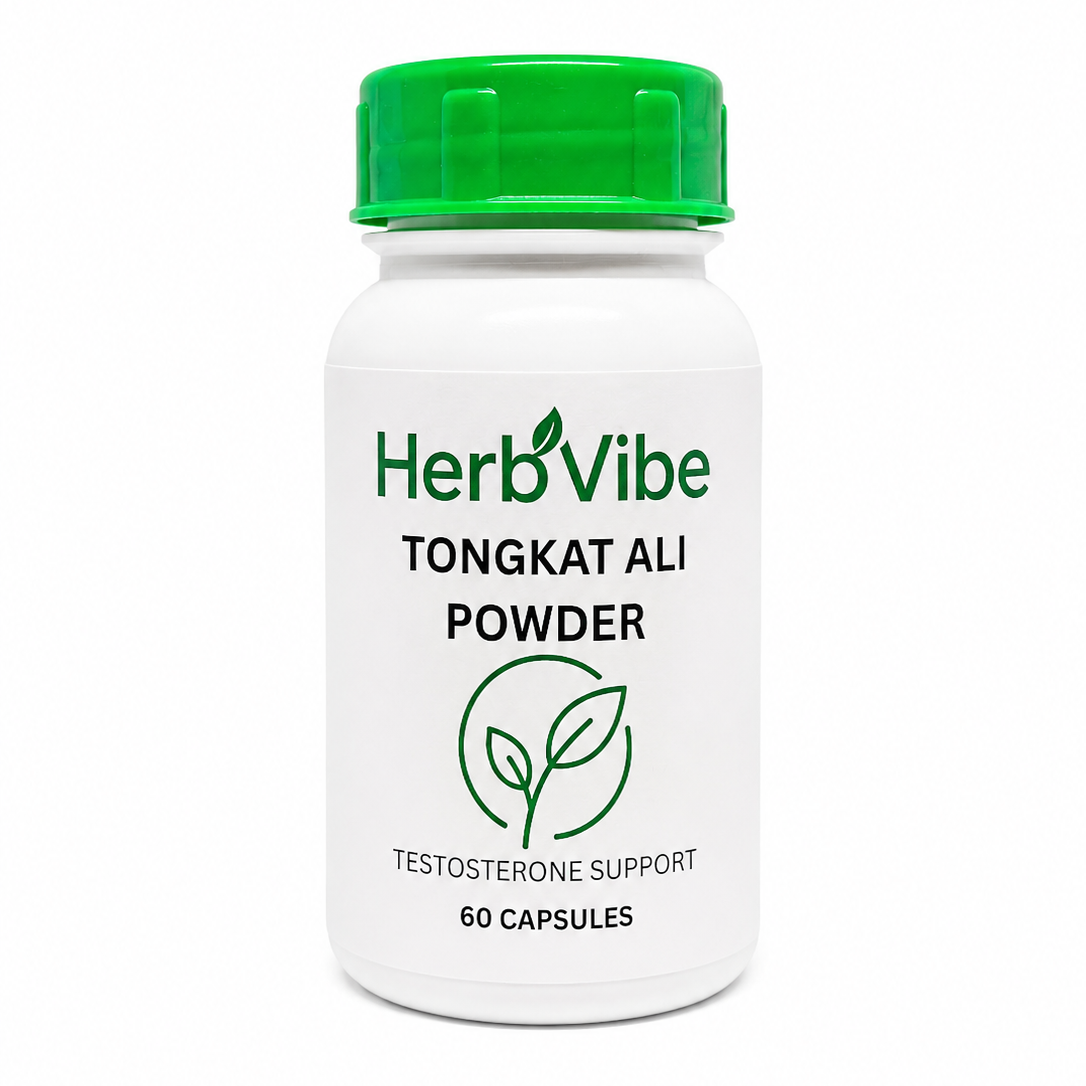 HerbVibe Tongkat Ali Powder bottle on a white background