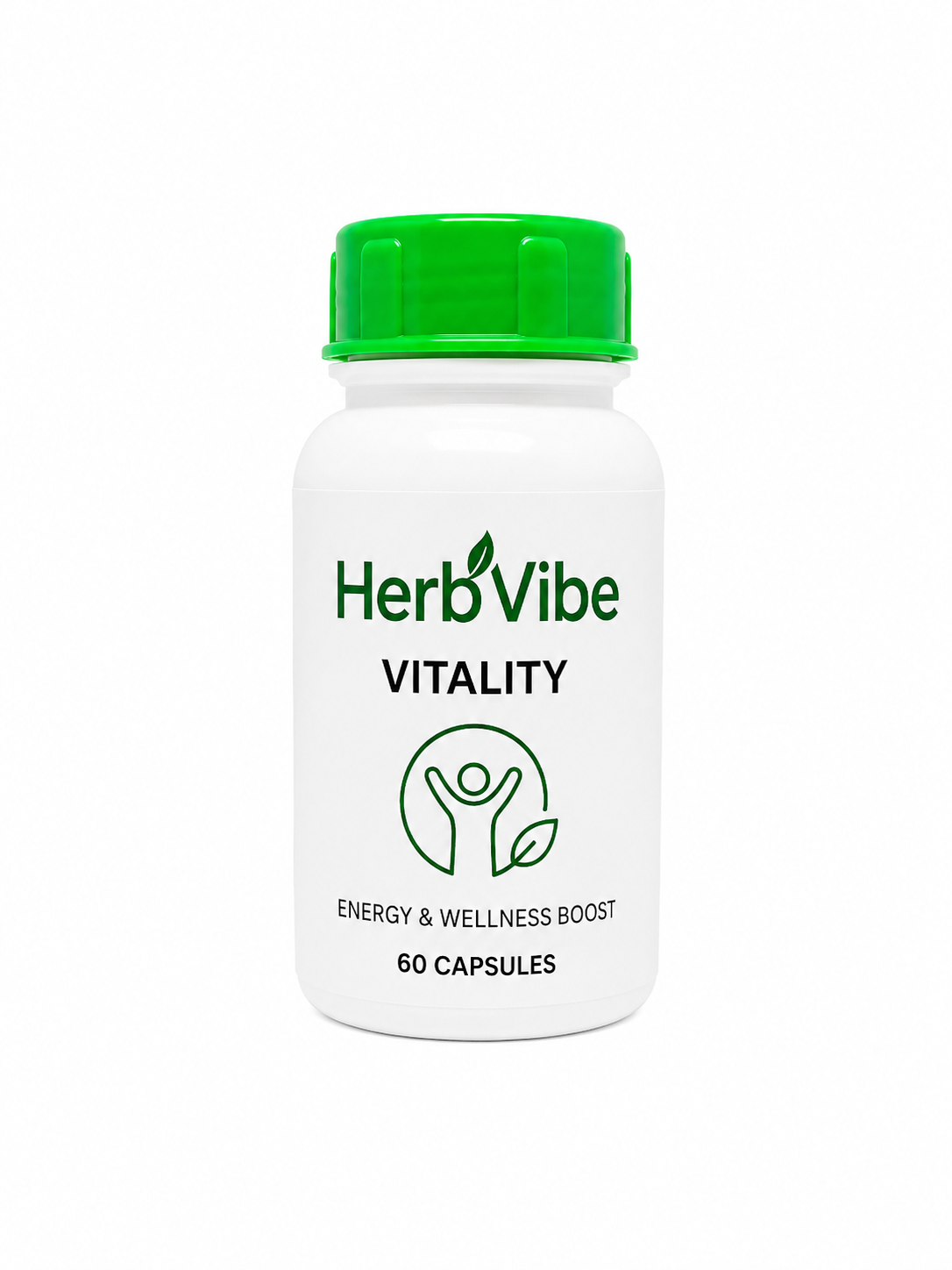 HerbVibe Vitality supplement bottle with green cap on a white background