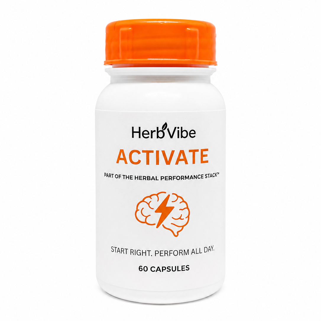 HerbVibe Activate supplement bottle with orange cap on a white background