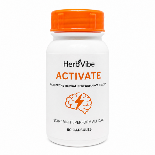HerbVibe Activate supplement bottle with orange cap on a white background