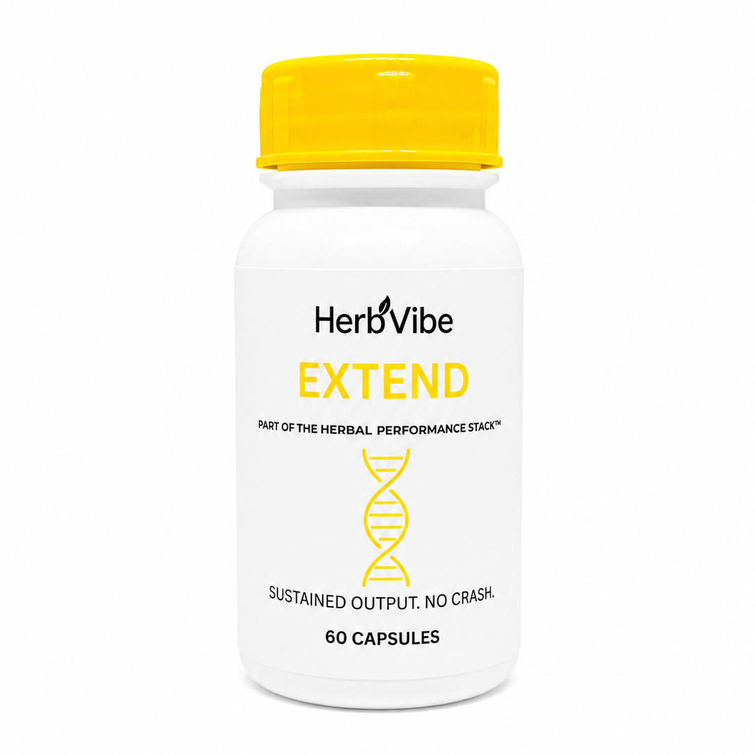 HerbVibe Extend supplement bottle with yellow cap on a white background