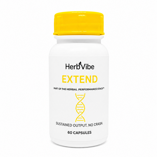 HerbVibe Extend supplement bottle with yellow cap on a white background