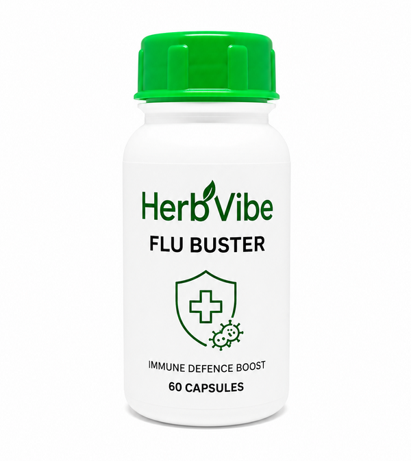 HerbVibe Flu Buster supplement bottle on a white background