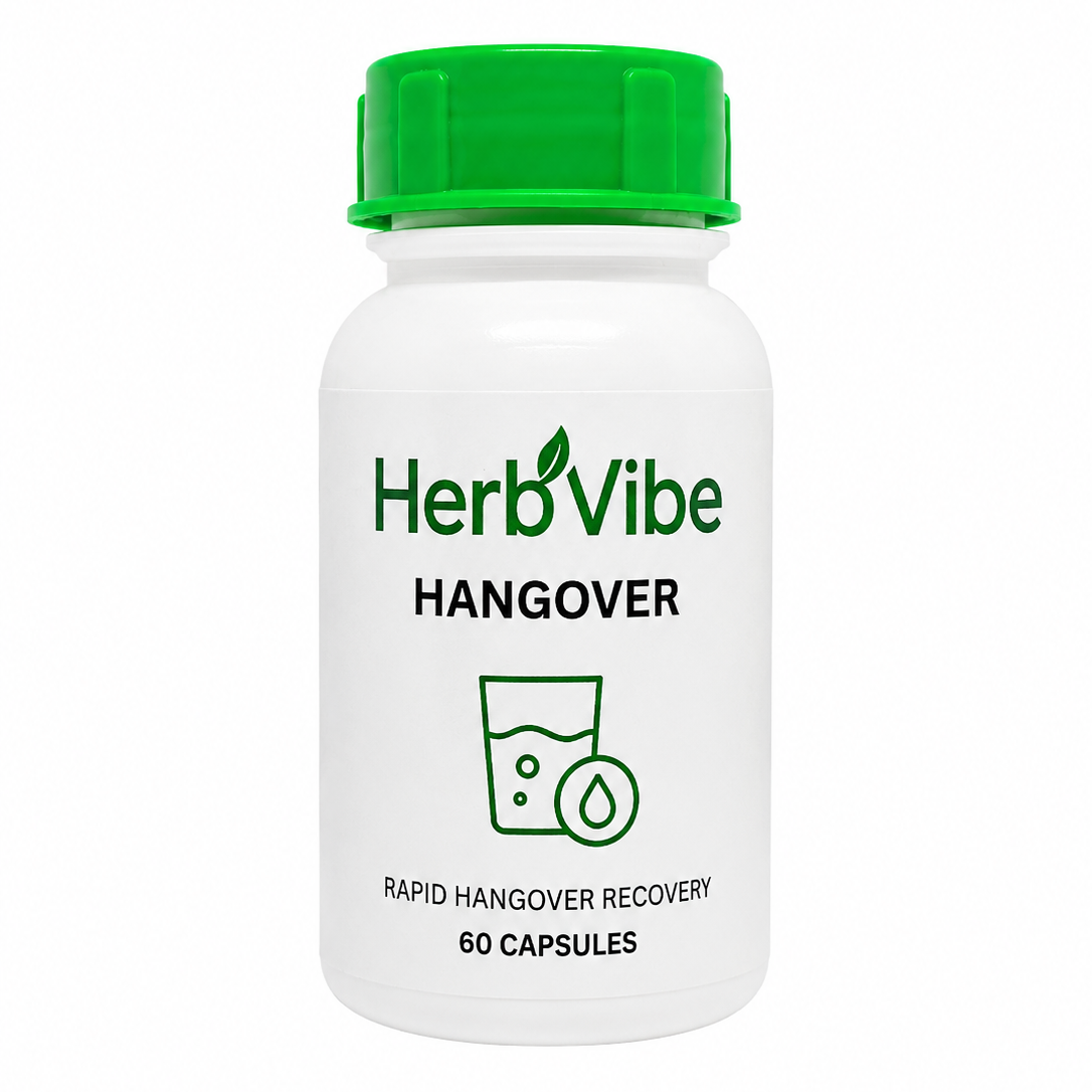 HerbVibe hangover recovery supplement bottle with green cap on a white background