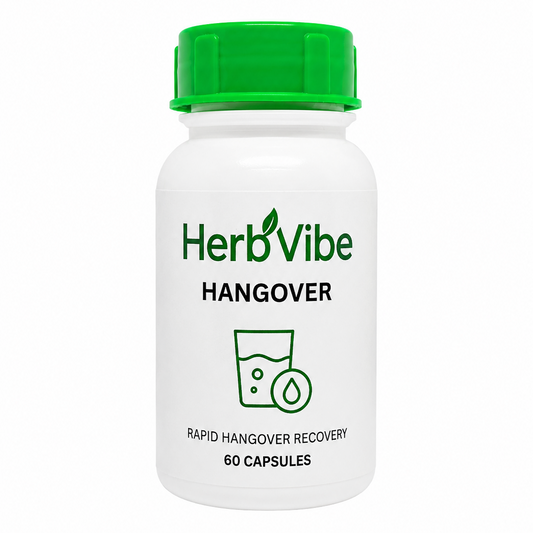 HerbVibe hangover recovery supplement bottle with green cap on a white background