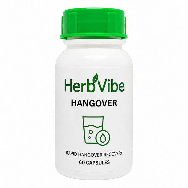 HerbVibe hangover recovery supplement bottle with green cap on a white background