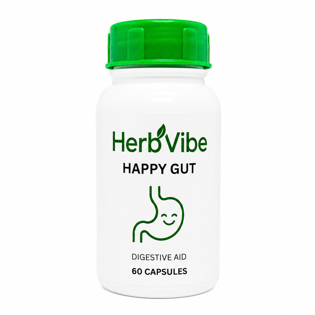 HerbVibe Happy Gut digestive aid bottle on a white background