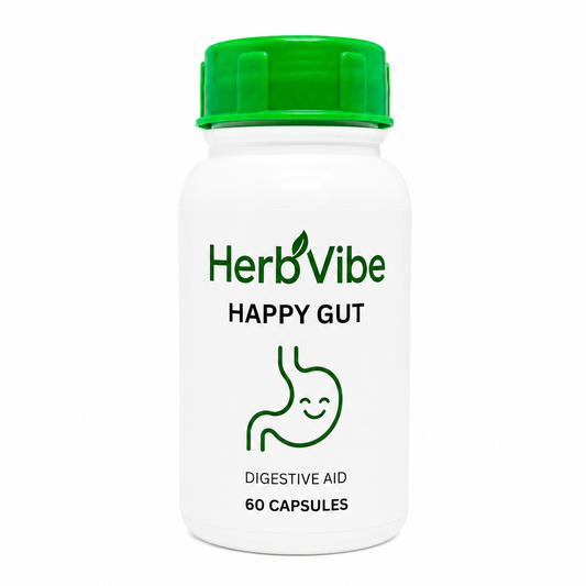 HerbVibe Happy Gut digestive aid bottle on a white background