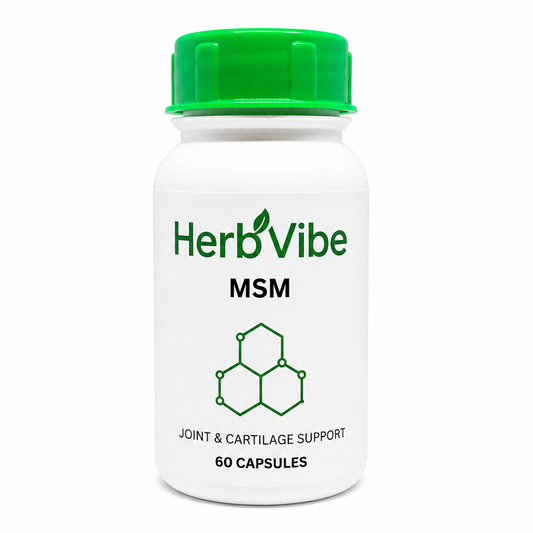 HerbVibe MSM supplement bottle on a white background