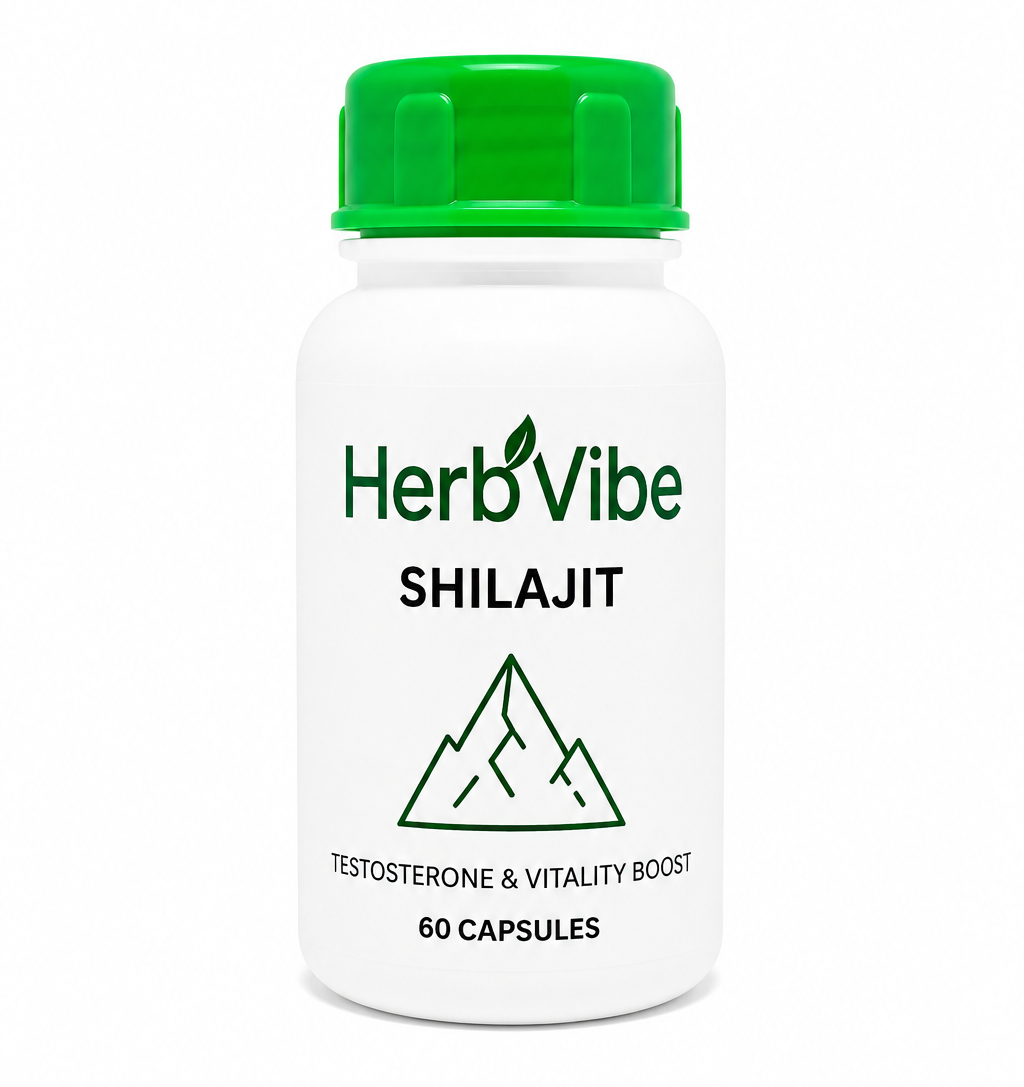 Herb Vibe Shilajit supplement bottle with green cap on a white background