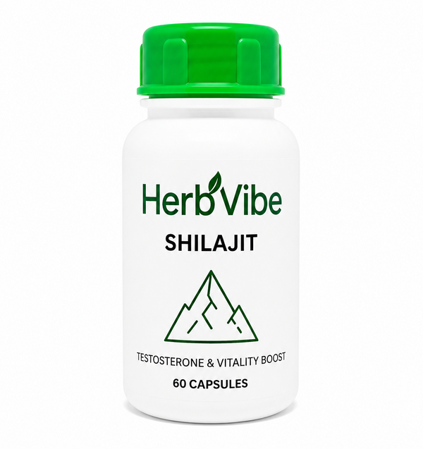 Herb Vibe Shilajit supplement bottle with green cap on a white background