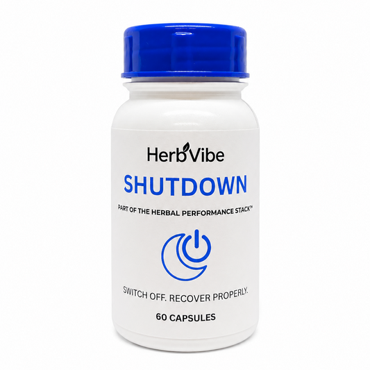 HerbVibe Shutdown supplement bottle on a white background